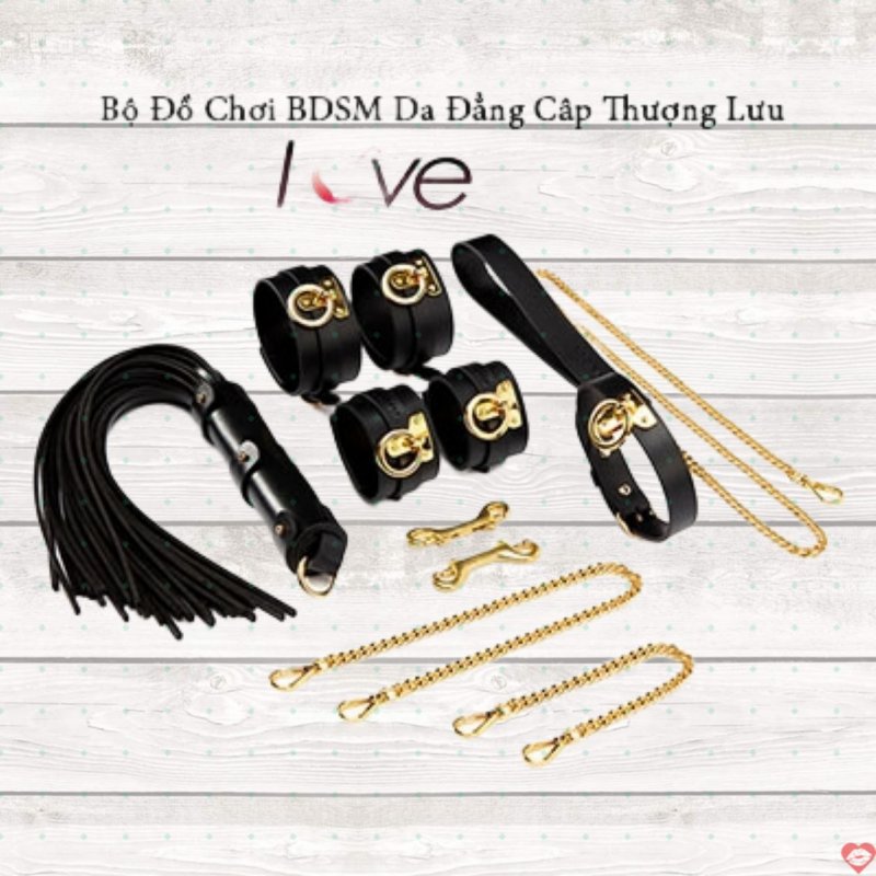 Bộ đồ chơi BDSM da cao cấp chất lượng xích vàng kích thích
