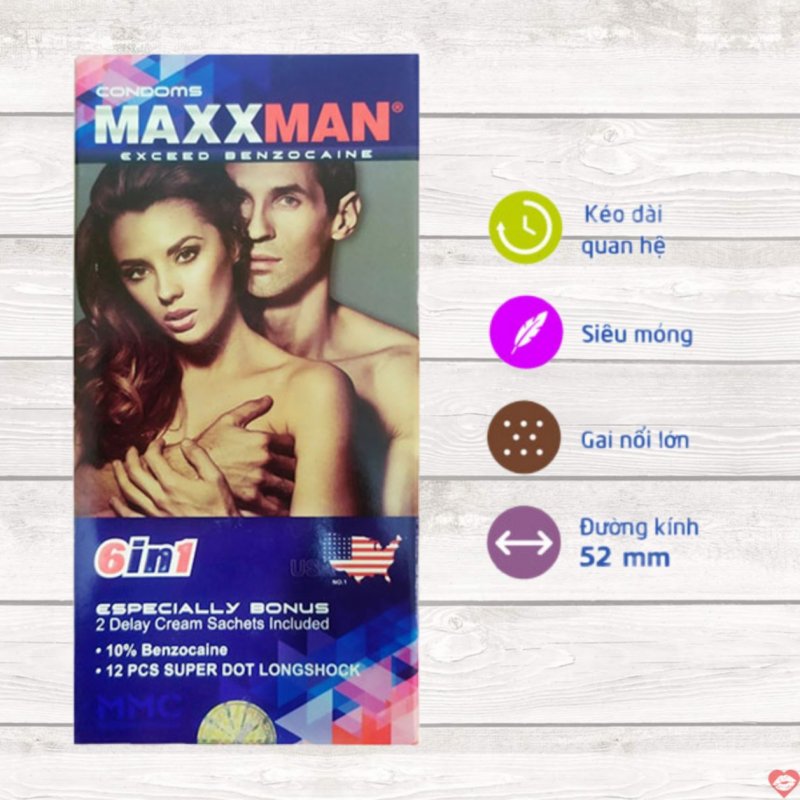 Bao cao su Maxxman 6in1 siêu mỏng kích thích kéo dài hộp 12 