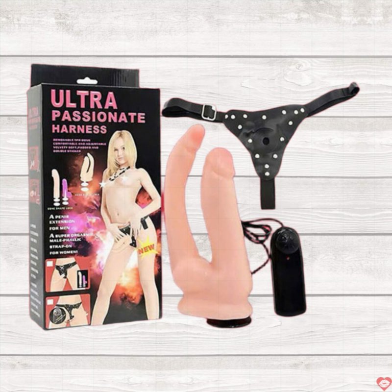 Dương vật dây đeo 2 đầu Ultra Passionate rung mạnh, silicone an toàn 