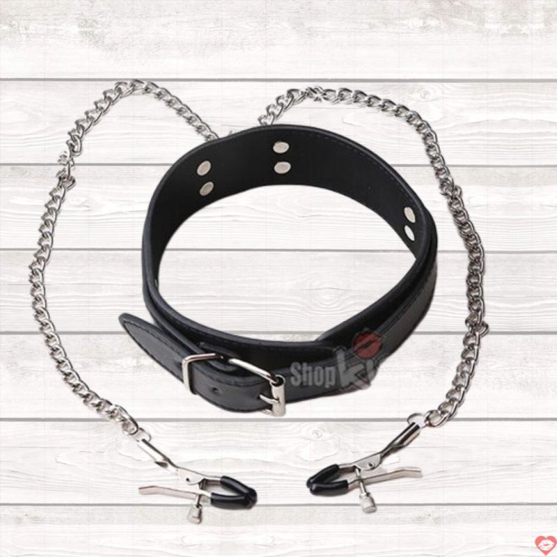 Vòng cổ kẹp vú BDSM da PU cao cấp cực chất 